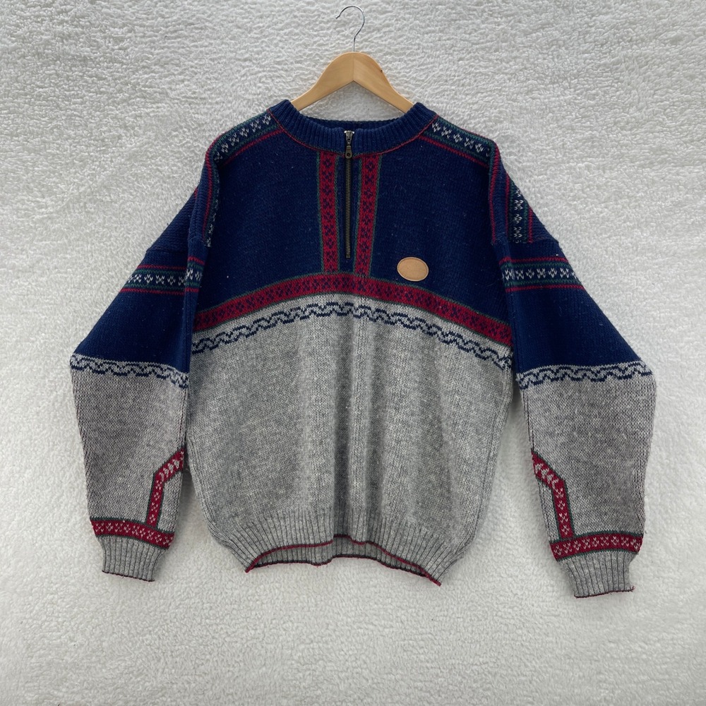 Norwool Sweater Mens Large Blue Gray 1/4 Zip Wool Nordic Outdoor Made in Norway